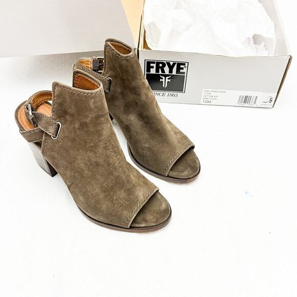 FRYE Dani Shield Slingback Ankle Suede Peep Toe Bootie Size 10 Green MINT - Picture 4 of 5